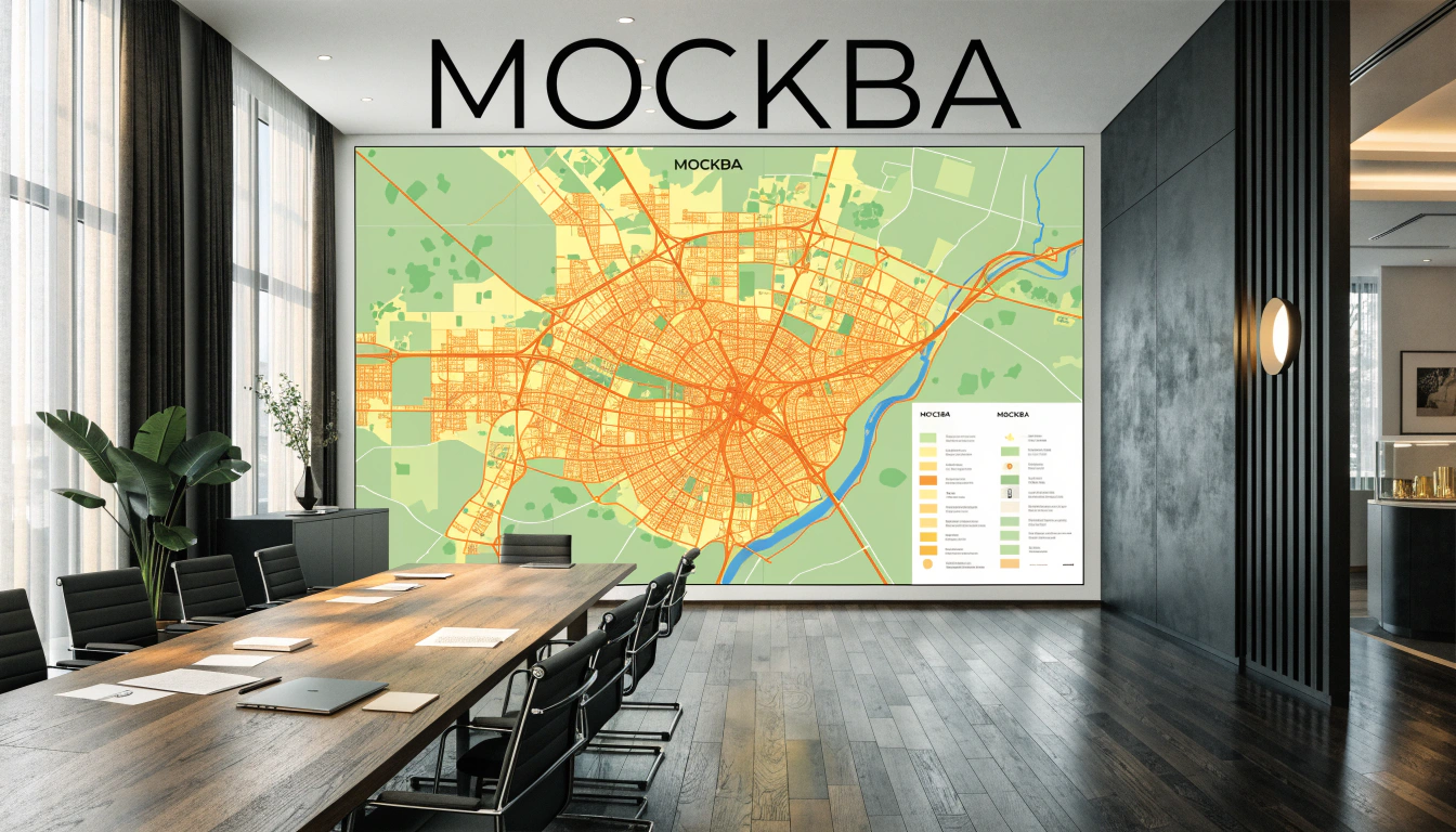 Большая настенная карта Москвы на заказ в интерьере офиса
